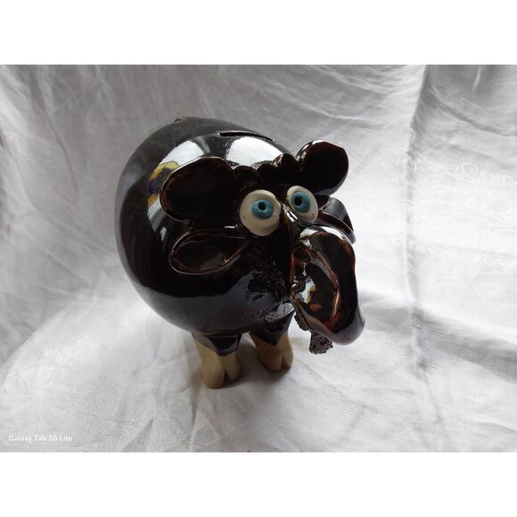 Amazing studio pottery moose piggy bank dark brown with blue eyes - Picture 2 of 9